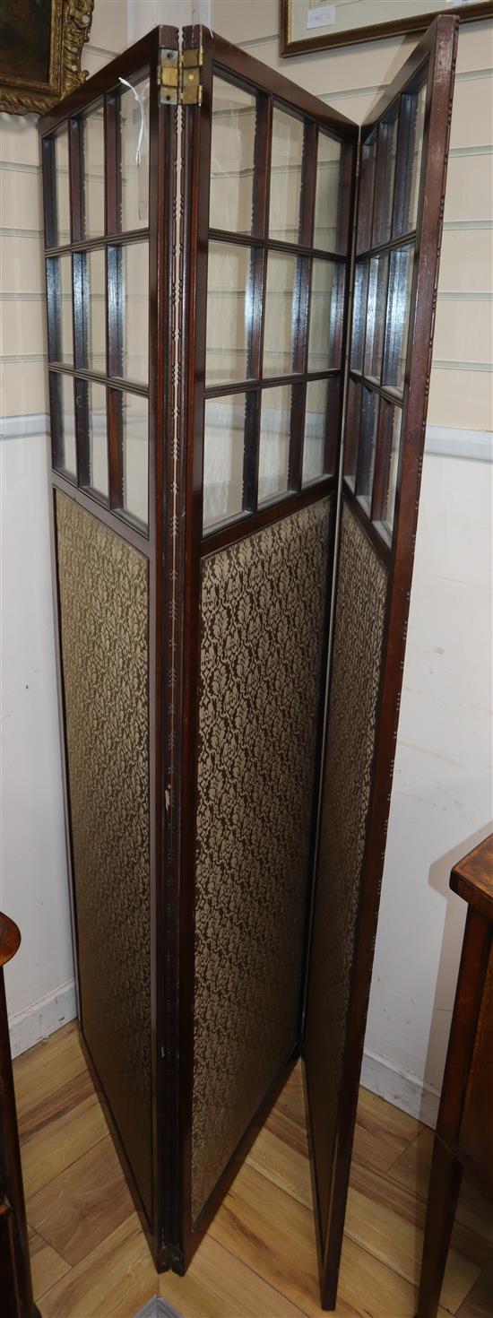 An Edwardian mahogany part glazed three fold dressing screen H.180cm